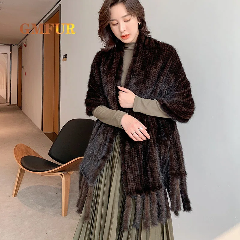 

2021 Ladies Luxury Genuine Mink Fur Shawl Winter Black Long Section High Quality Natural Mink Woven Tassel Thickening Fashion Sc