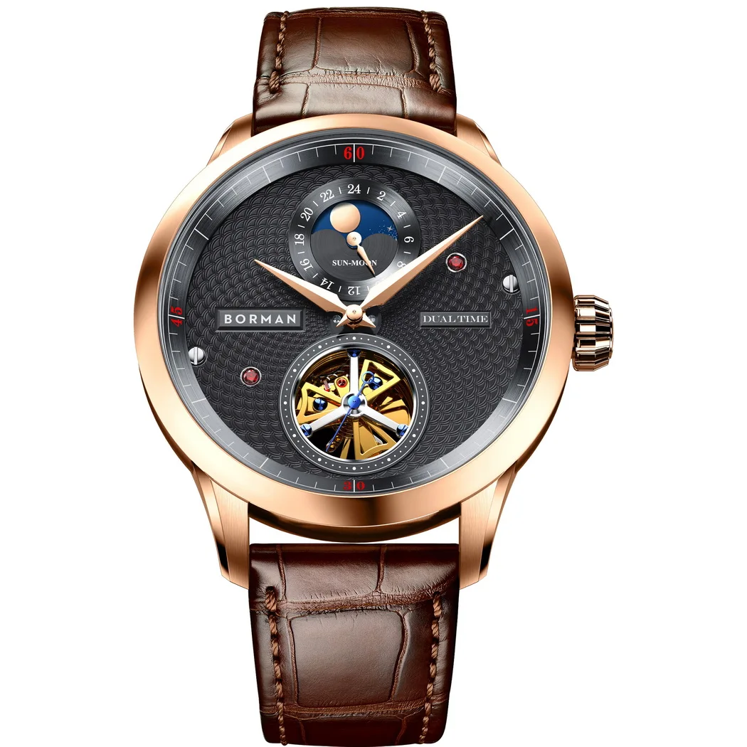 بورمان الرجال ساعة معصم رجالي ساعات أوتوماتيكية فاخرة الميكانيكية ساعة اليد 50 متر مقاوم للماء الهيكل العظمي الياقوت مرآة حزام من الجلد