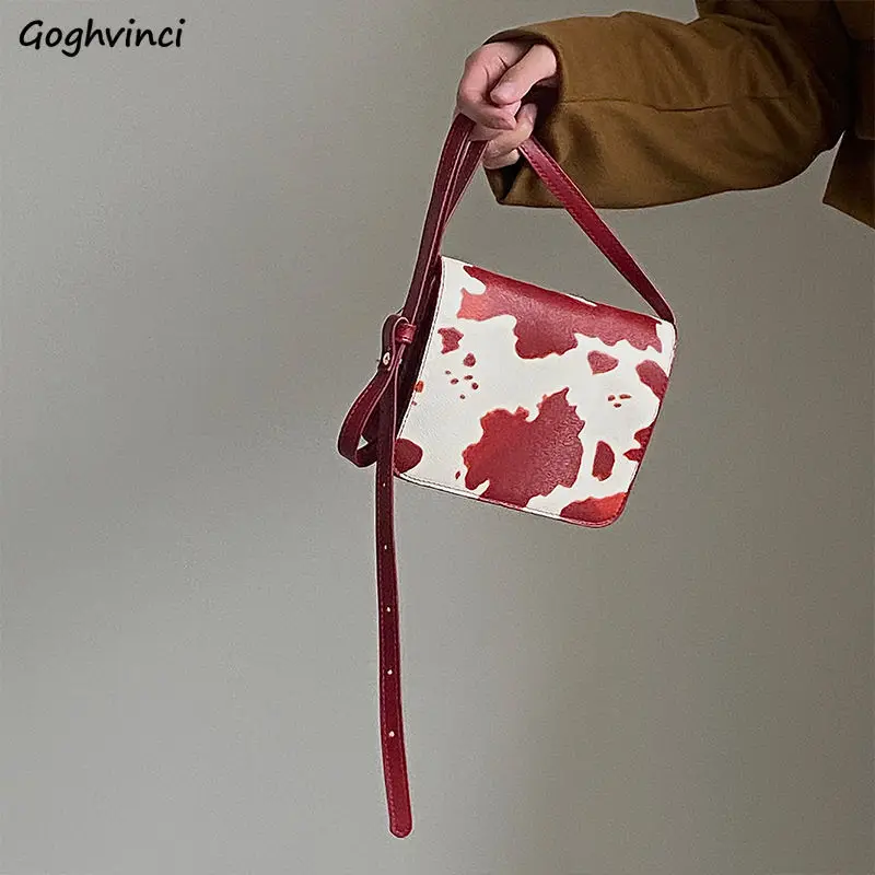 Cow Pattern Red Shoulder Bag Women PU Leather Casual OL Shopping High Street All-match Retro Small Handbags Females Fashion New