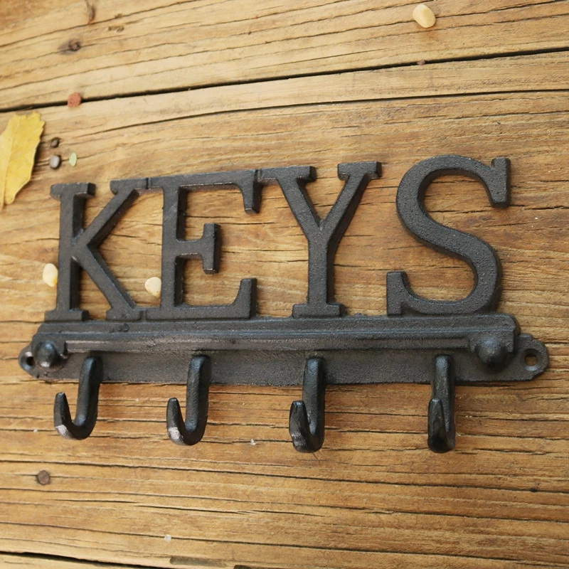 Key Holder - Keys - Wall Mounted Key Hook - Rustic Western Cast Iron Key Hanger - Decorative Key Organizer Rack with 4 Hooks