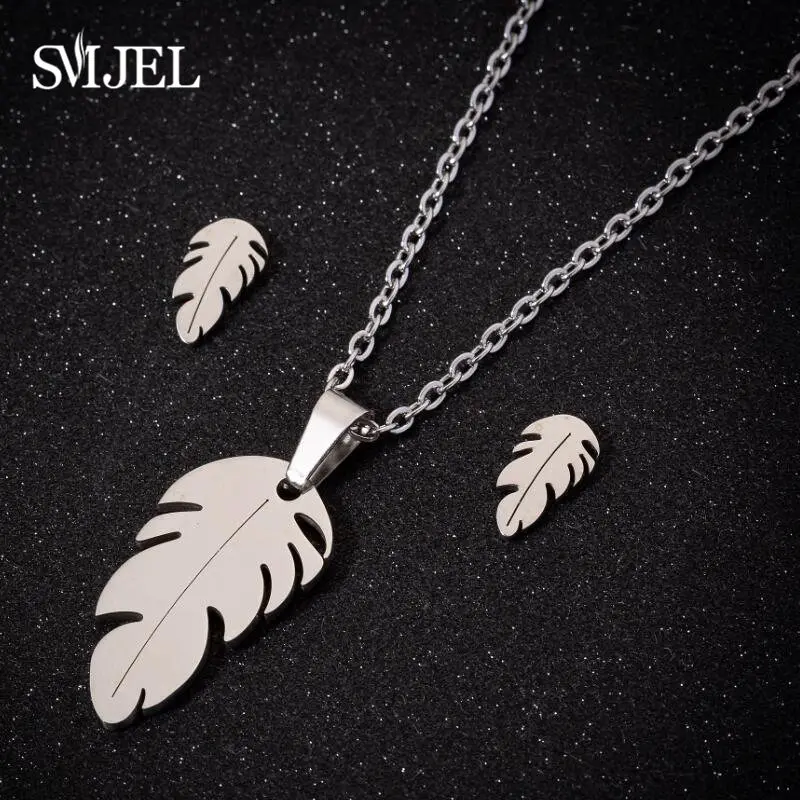 Stainless Steel Feather Necklaces Classic Fashion Bohemian Plant Leaves Earrings Necklaces For Women  Jewelry Set Wedding Gifts