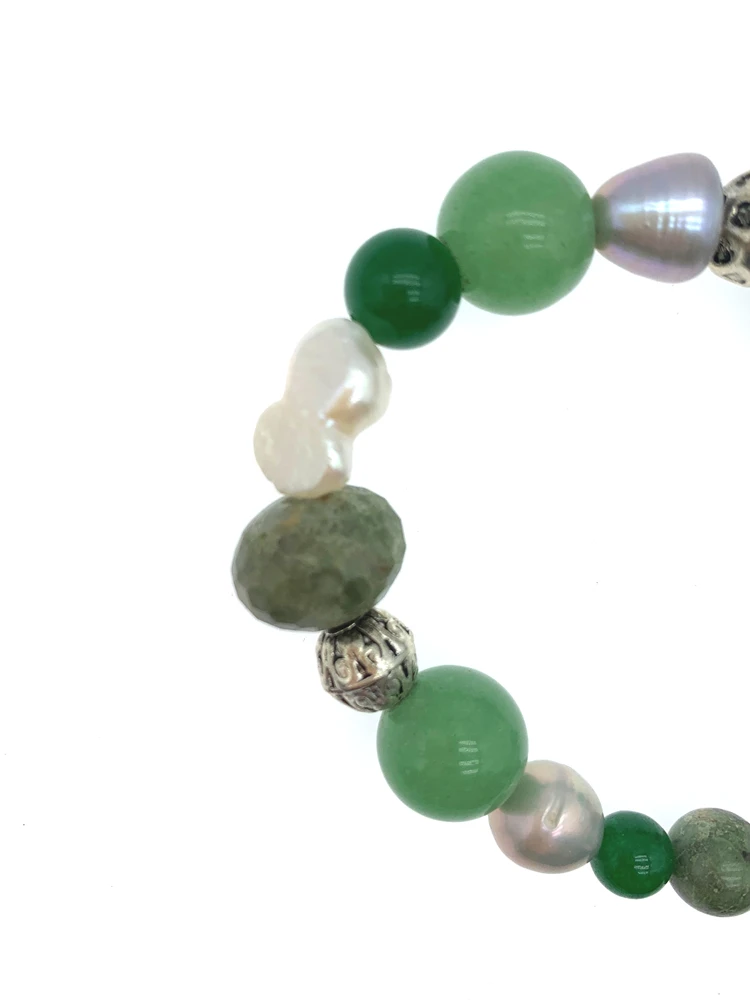 FoLisaUnique Natural Green Opal Jade Bracelet With Baroque Pearls Agate Antique Silver Plated Beads Stretchy For Women 7.5 Inch