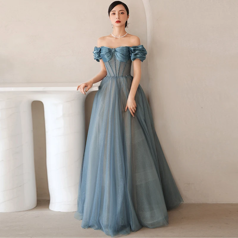 Blue Prom Dresses Puffy Sleeve Tulle Backless Formal Evening Party Gowns Beauty Pageant Dresses 2021 Custom Made