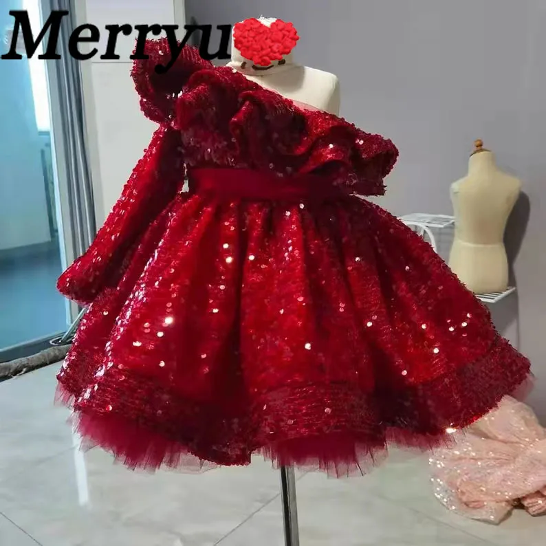 Luxo lantejoulas vestido da menina de flor meninas pegeant vestido princesa na altura do joelho vestidos de festa de aniversário vestido de natal