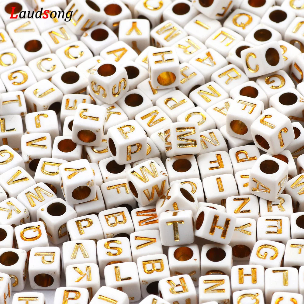 White and Gold Color Mixed Letter Acrylic Beads 6mm Square Alphabet Loose Spacer Beads For Jewelry Making Diy Bracelet Necklace