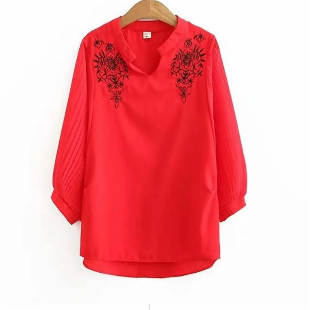 2021 Women Summer Summer Bress Large Size Women\'s Small Fat V-Neck Top Cover Delly Thin Western Style Embroidered Chiffon Shirt