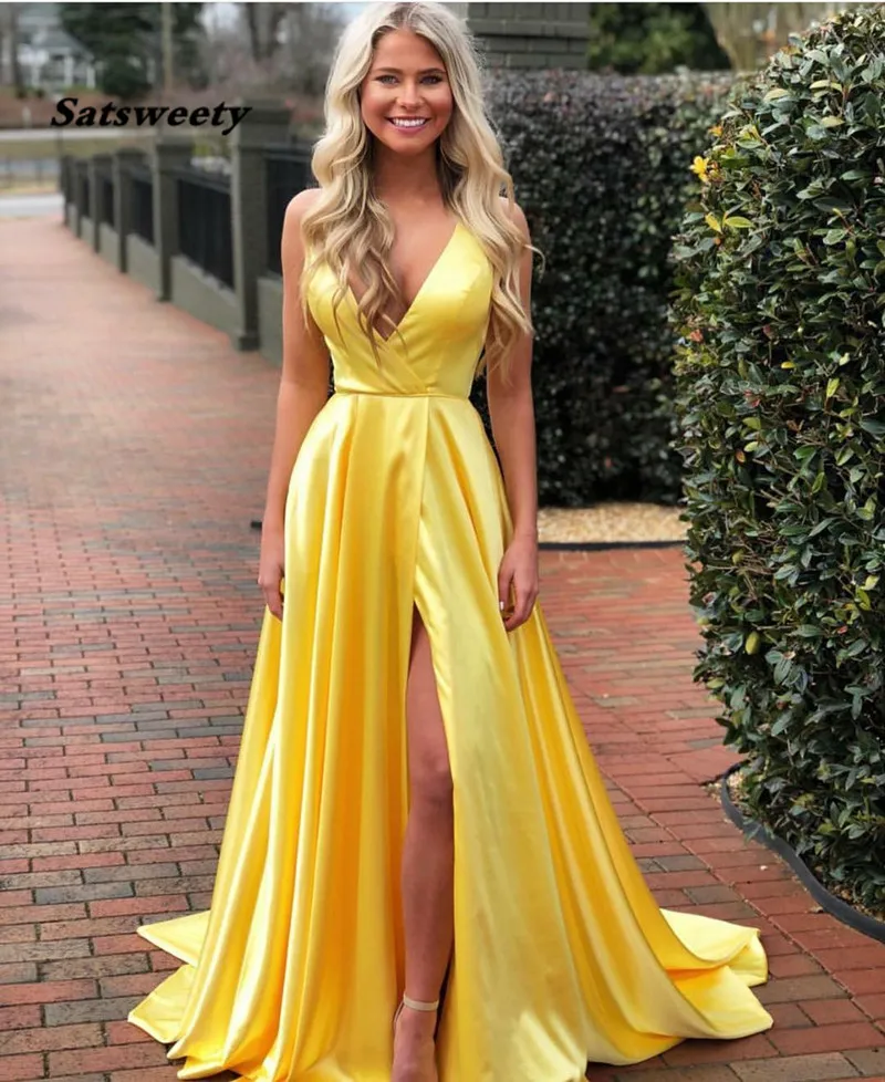 Venda quente narciso amarelo a linha vestido de baile sexy profundo decote em v cetim vestido de noite alta fenda babados vestido de baile