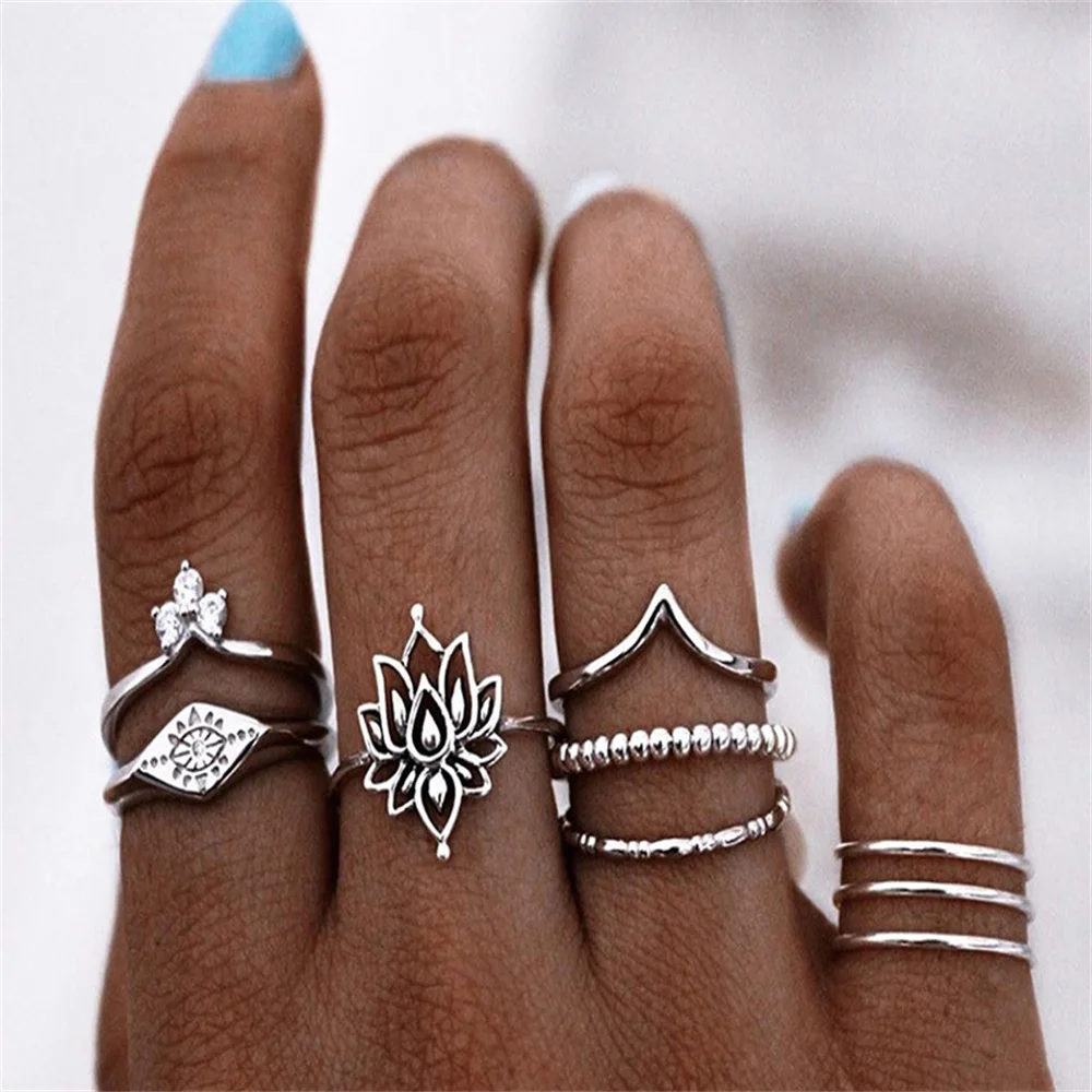 LXY-W Fashion Vintage Geometric Ring For Women 2021 New Silver-plate Lotus Eye Crystal Rings Set Trendy Personality Jewelry Gift