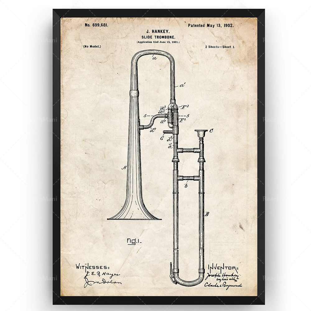 Slide Trombone 1902 Patent Print, Wall Art Poster Music Blueprint Gifts