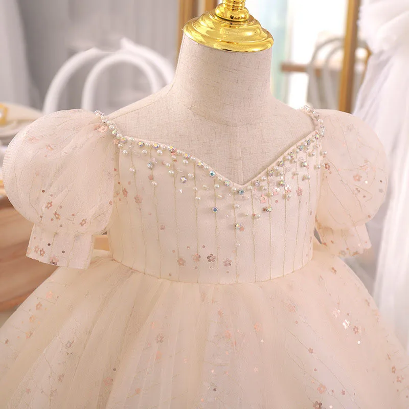 2024 Baby Girl Baptism Dress Kids Beading Bow Lace Tulle Toddler Christening Gown 1st Birthday Dresses Infant Boutique Vestido