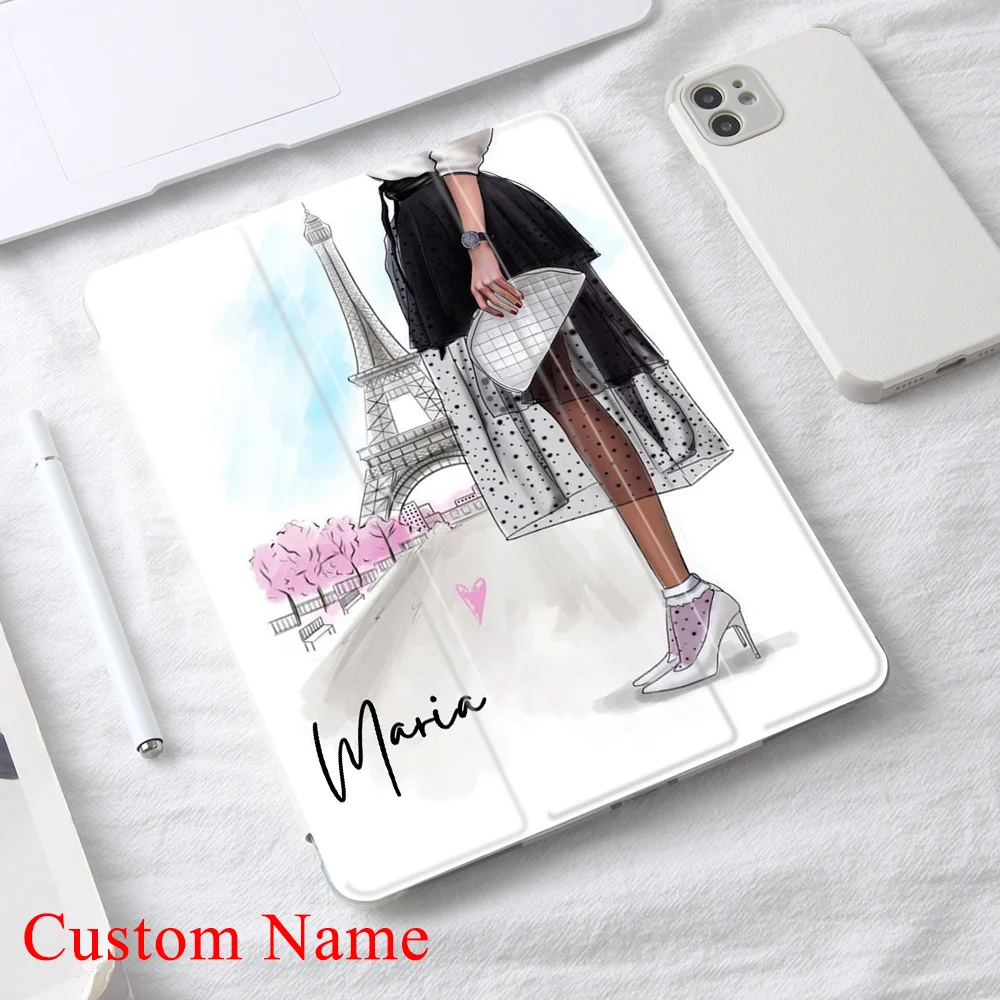 

Custom Name Cute Paris Girl Case for iPad 10.9 Air 4 2020 Smart Cover for iPad 9.7 6th 10.2 8th Generation Mini 6 12.9 iPad Pro