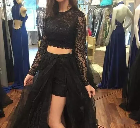 E JUE SHUNG Black Sexy Boho Wedding Dresses Sheer O-Neck Long Sleeves High Split Lace Two Pieces Wedding Gowns vestido de noiva