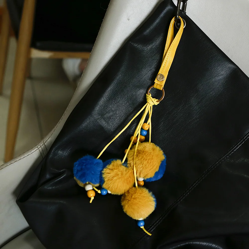 

Hairball Bag Pendant Leather Buckle Wrist Keychain Colorful Wooden Beads Handmade Korean Velvet Jewelry for DIY Bag Accessories
