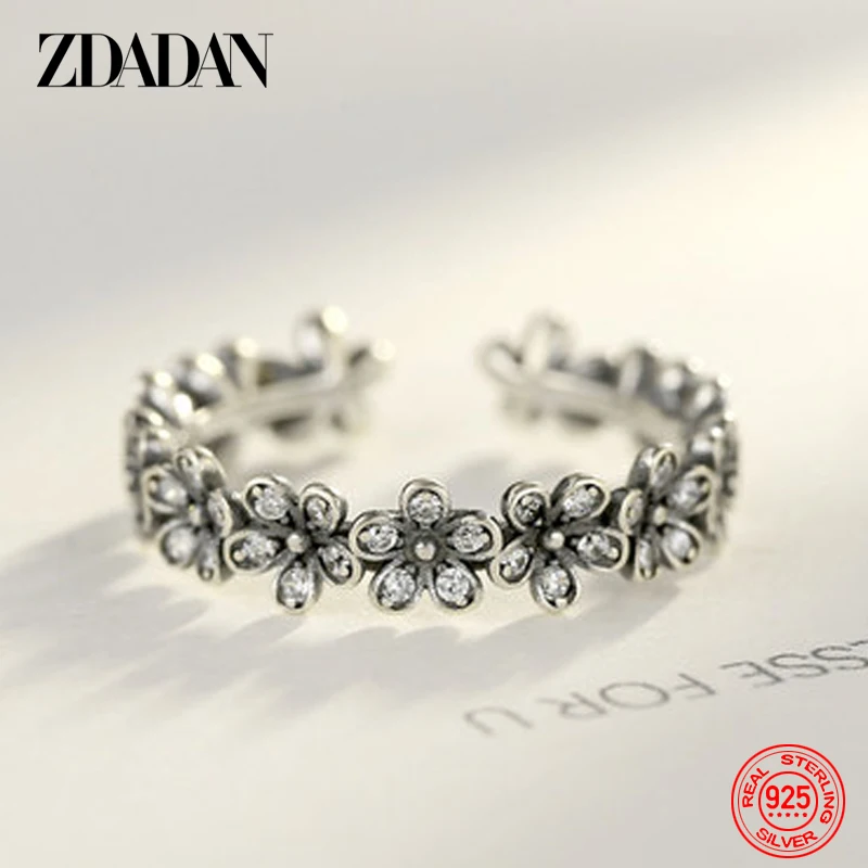 

ZDADAN 925 Sterling Silver Thai Silver Open CZ Flower Ring For Women Fashion Engagement Party Jewelry Accessories