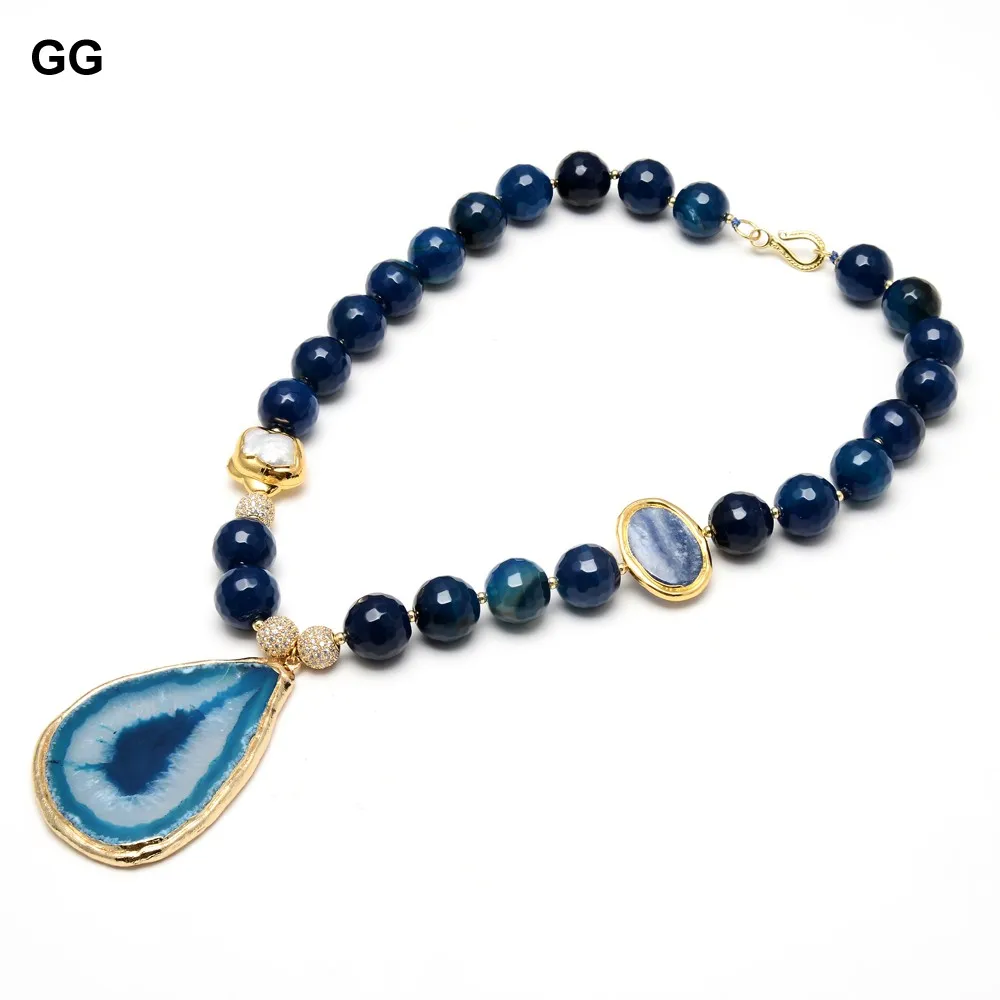 

GuaiGuai Jewelry Natural Agates Faceted Round Shape Oval Kyanite White Flower Pearl Necklace Blue Agate Slice Pendant For Women