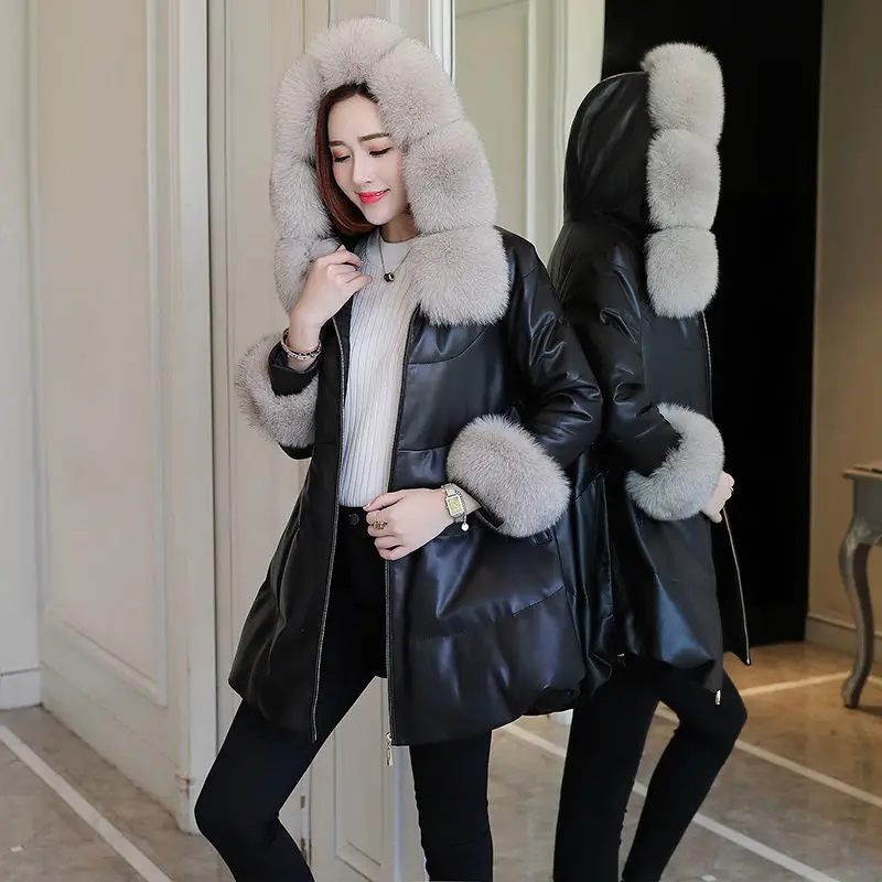 Women's PU Leather Jacket New Autumn Winter Women's Faux Fur COat Fur Collar Long Leather Coat Female Outerwear 4XL Y725