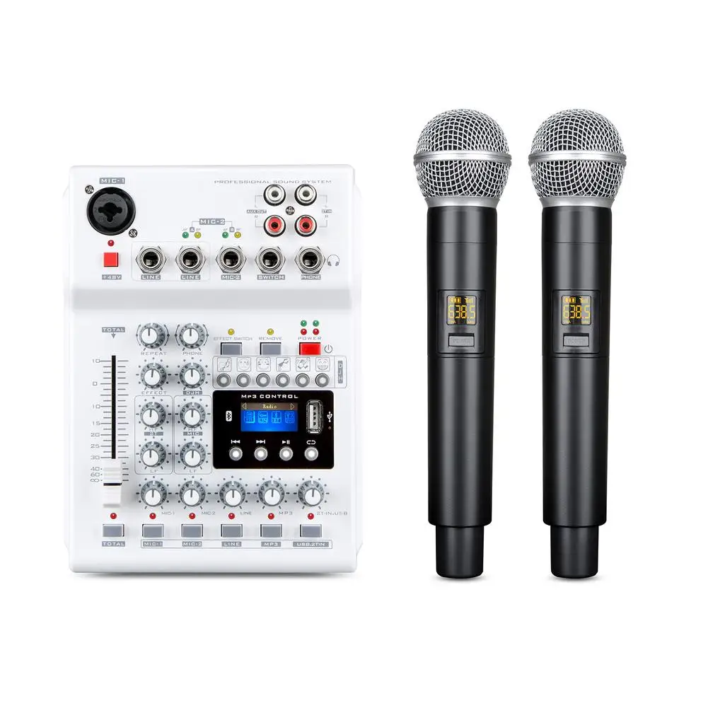 Wireless Streaming Audio Mixer With 2 UHF Wireless Mics 4 Channels Mixing Console 48V Phantom Power USB For DJ Karaoke PC Guitar