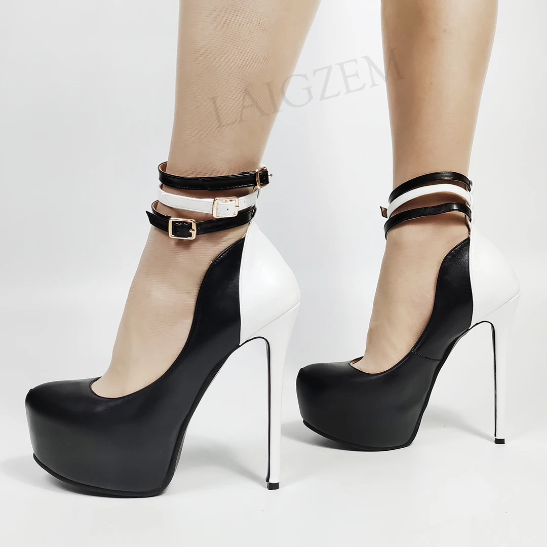 LAIGZEM SUPER Women Platform Pumps Buckle Ankle Straps Sandals High Heels Shoes Woman Party Club Prom Large Size 34 44 46 50 52