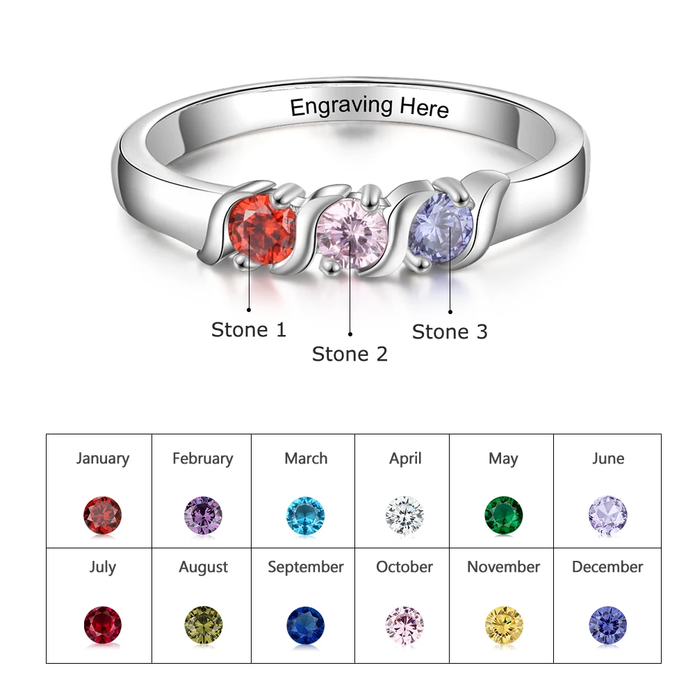 Personalized Engraved Name Promise Rings for Women Customized 3 Birthstones Mother Ring Gift for Family (JewelOra RI104025)