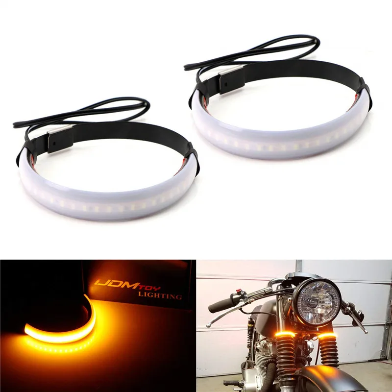 Universal Cool Super Bright Amber LED Fork Turn Signal Lights Strip for Motorcycle LED Ring Turning Light Flexible