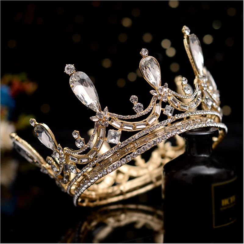 HG015 European classic round crown bridal hairpiece elegant rhinestone tiara high end princess bride wedding headpiece