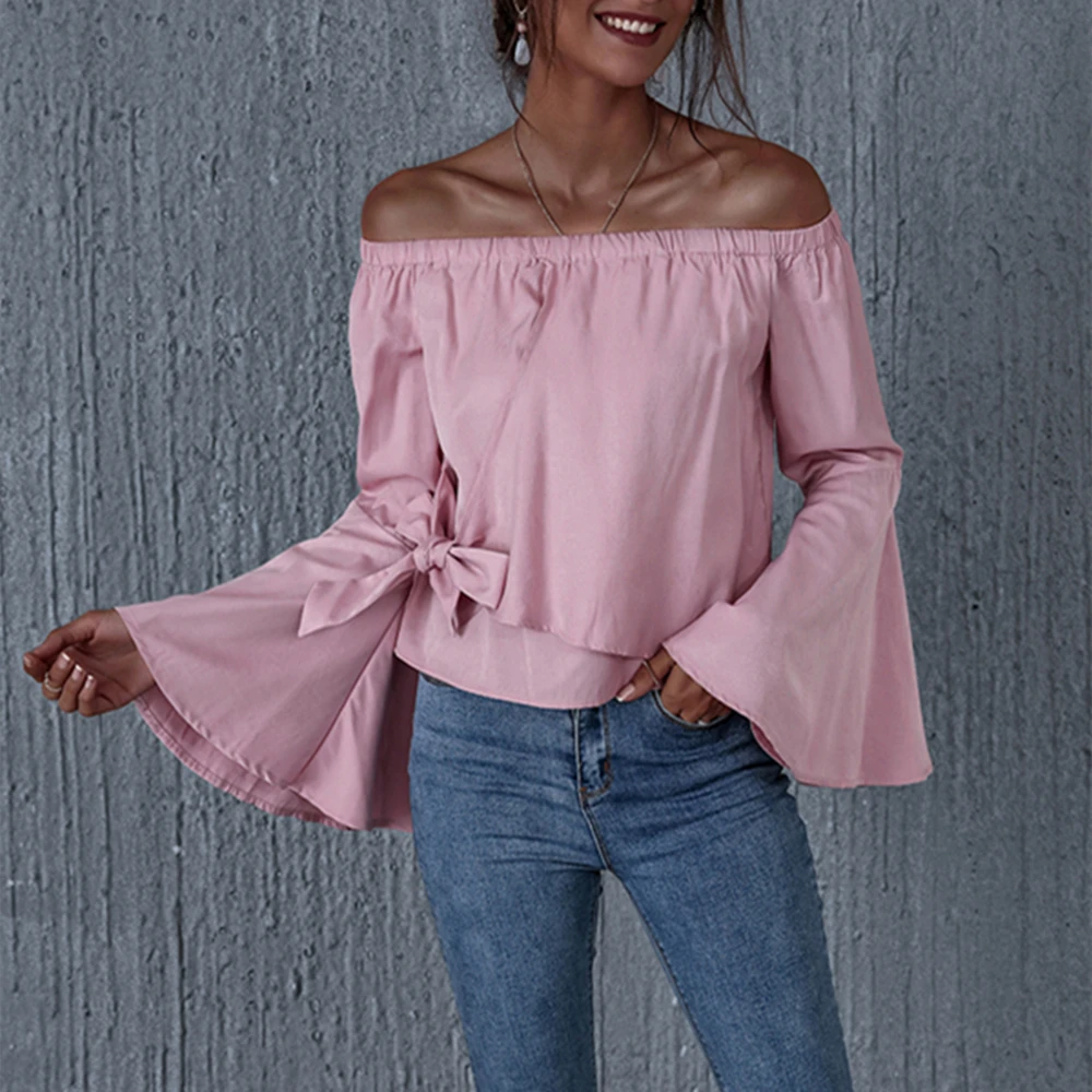 Pdfmily Pink Off Shoulder Casual Tops And Blouse Women Solid Bandage Long Flare Sleeve Shirts Bow Tie Waist Loose Ladies Blouse