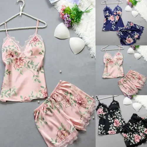 2Pcs Women Satin Silk Sleepwear Lace V Neck Tops + Long Pants Pyjamas Set Summer Ladies Underwear