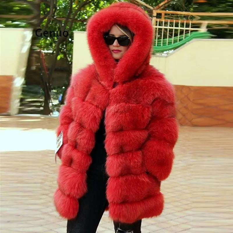 

Luxury Faux Fox Fur Coat Women Short Winter Jacket with Big Fur Hood Thick Warm Overcoat 2020 New Fashion Flurry Fake Fur Coats