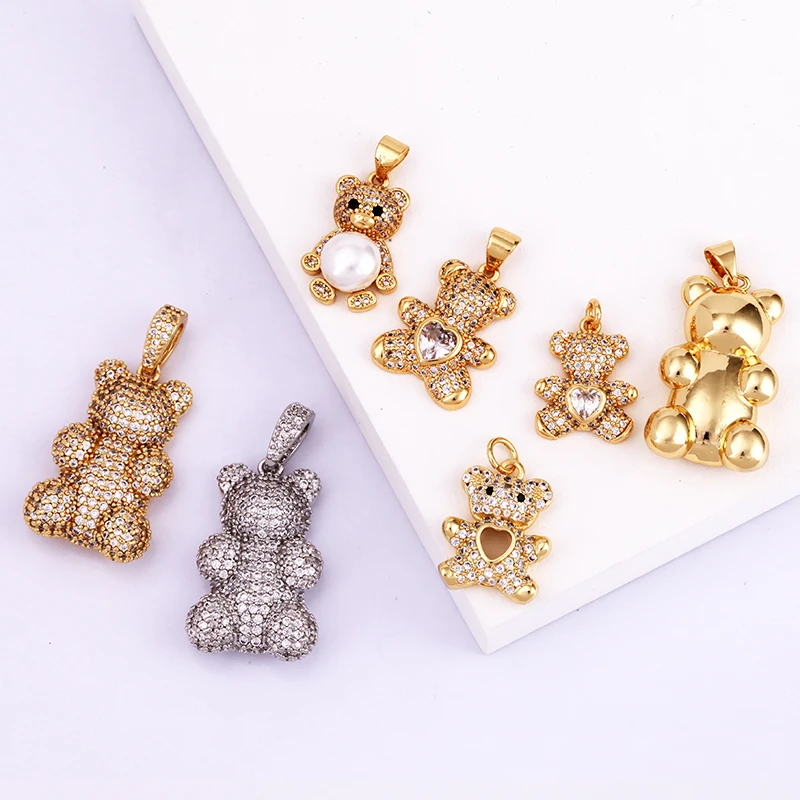 Niedlicher Bären-Charm-Anhänger in Goldfarbe, mit Perlen besetzt, mit Zirkonia CZ gepflastert, Schmuck, Halskette, Armband, Großhandel, Zubehör M85 – Detail 4