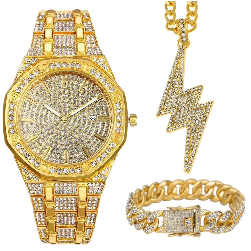 Iced Out Watch Necklace Cuban Bracelet for Men 3pcs Diamond Watch Men Bling Fashion Jewelry Gold Watch Lightning Pendant Relojes