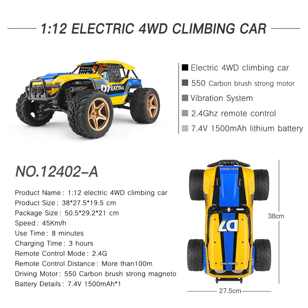 Wltoys 12402-A D7 1/12 RC Car 4WD 550 Motor Desert Buggy Crawler Car 45Km/h Racing Car 2.4GHz Off-Road All Terrain Climbing Car