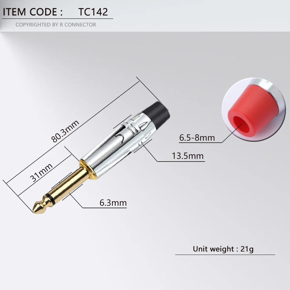 2PCS Mono 6.35MM Jack 6.3MM Male Plug Soldering Wire Connector Brass Gold Plated 1/4 Inch Microphone Plug