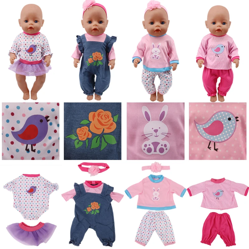 Doll Clothes Cartoon Roses, Birds, Rabbits Pattern For 18 Inch American&43 Cm Born Baby Generation Girl's Russian DIY Toy Gift