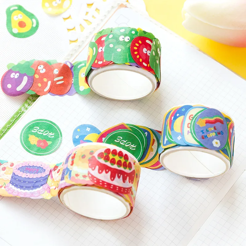 MOHAMM 1 Roll/100 PCS Candy Color Cute Cartoon Bear Fruit Cake Milk Bowknot Heart Masking Tape for Scrapbooking DIY Diary Crafts