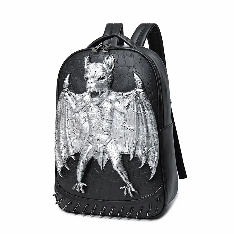 JIEROTYX 3D Leather Backpack Fashion Men Bat Backpack Computer Laptop Bags Cool Travel Bags Girls School Punk Rivets Halloween