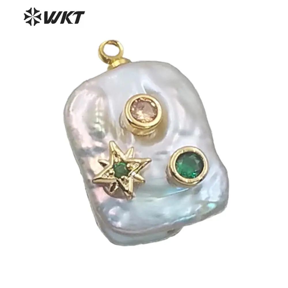 

WT-MP134 Natural Freshwater Pearl&CZ Pendant Quadrilateral Shape With Gold Pattern Stone Pave Women Charm Jewelry