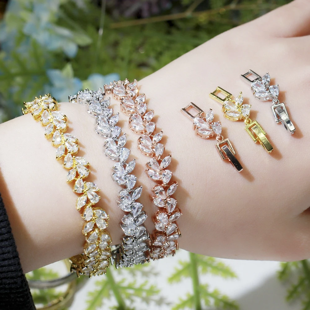 ThreeGraces Shiny Marquise Cut CZ Silver Color Leaf Shape Link Chain Bracelet Bangle for Brides Wedding Party Prom Jewelry BR155