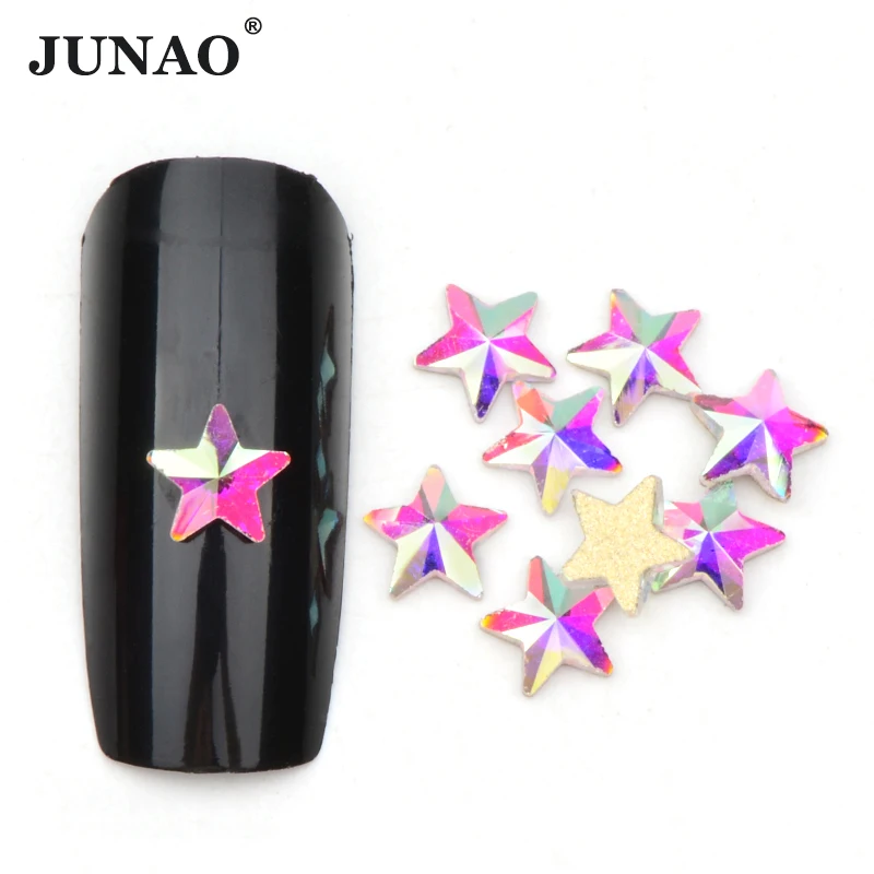 JUNAO 50pcs 5mm Glitter AB Crystal Glass Star Rhinestone Flat Back Nail Art Decoration Crystal Stones Sticker Non Hot Fix Strass