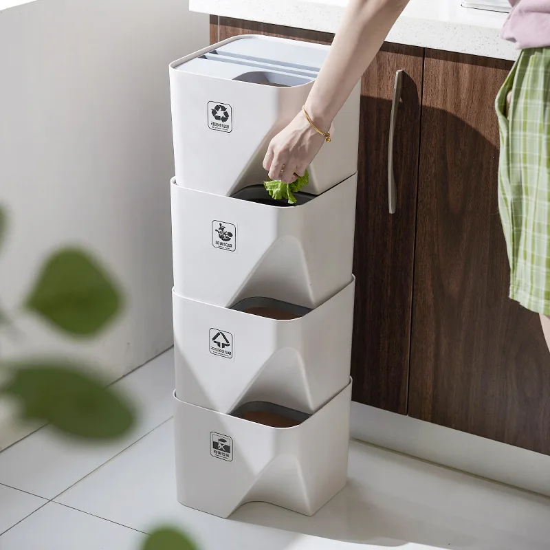 Household Trash Can Stacked Sorting Garbage Bin Recycling Bin Kitchen Dry and Wet Separation Waste Bin Rubbish Bin for Bathroom