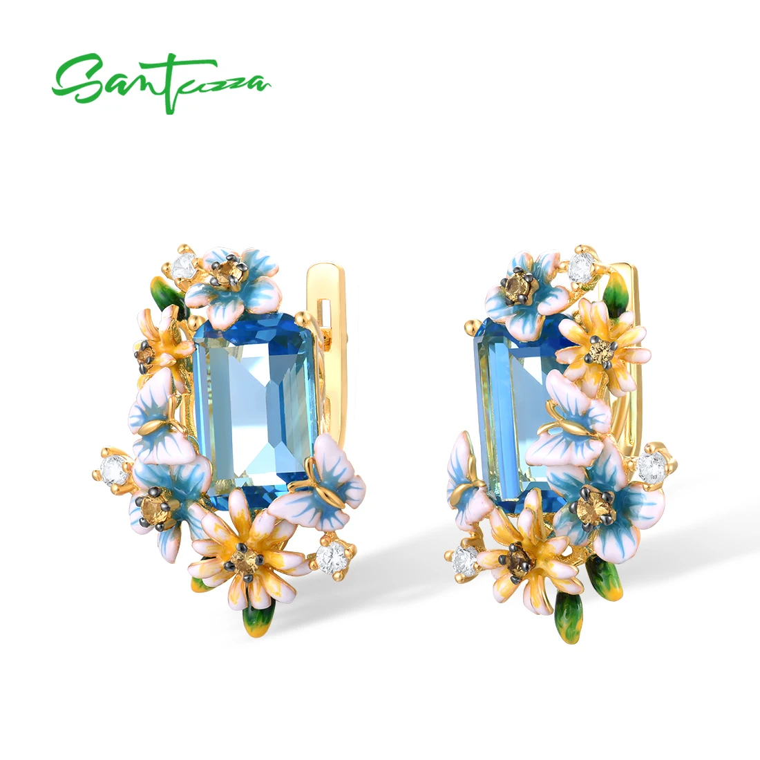 SANTUZZA 925 Sterling Silver Earrings For Women Octagon Blue Stone Flower Flora Butterfly Enamel Gold Color Wedding Fine Jewelry
