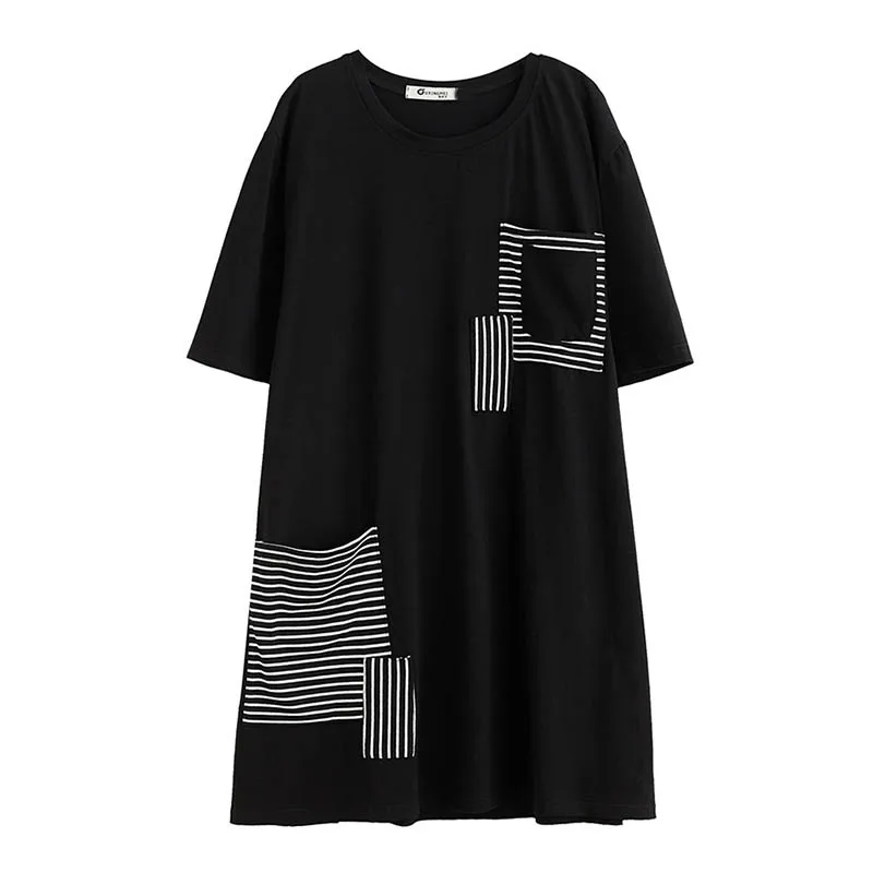 

150Kg Bust 150cm Plus Size Women's Summer Round Neck Short Sleeve Striped Patch Contrast Color Slim Dress Black 6XL 7XL 8XL 9XL