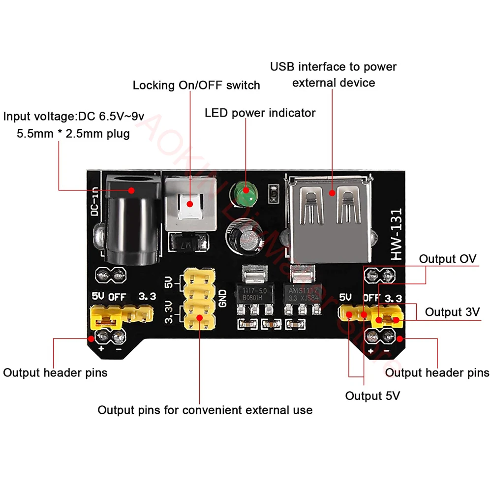 4PCS MB102 Breadboard Power Supply Module and 9v Battery Clip with 2.1mm X 5.5mm Male DC Plug Assortment Kit for Arduino
