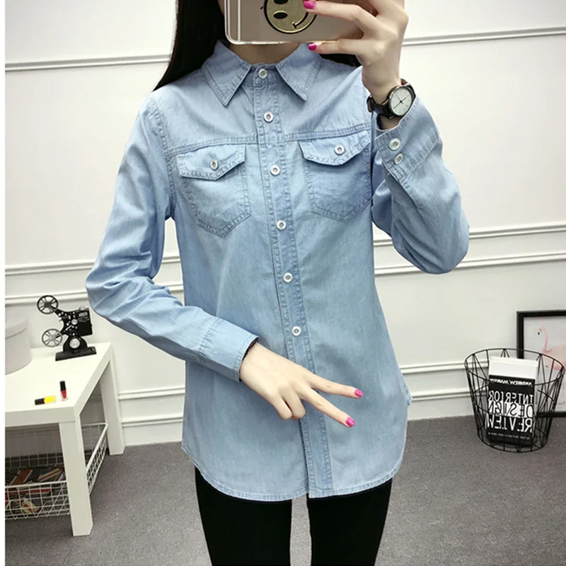 UHYTGF Large Size Denim Shirt Tops Women Spring Blouses Jacket For Women Thin Jeans Coat Long Sleeve Fashion Female Clothing 156