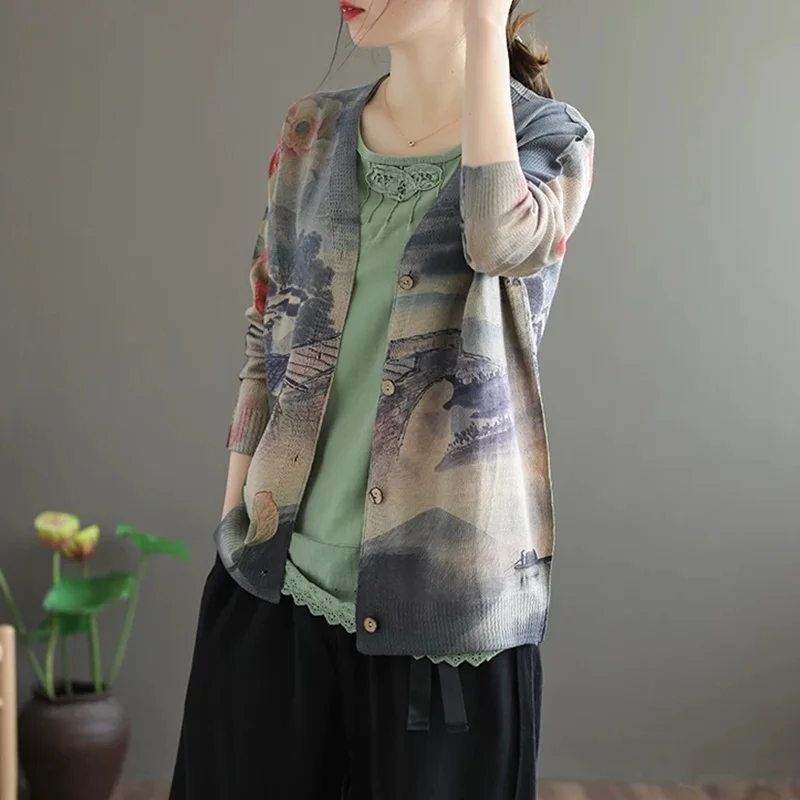 2020 New Spring Fashion Ladies Loose Clothes Womens Floral Printed Sweaters Vintage Streetwear Cardigans Plus Size DD2480