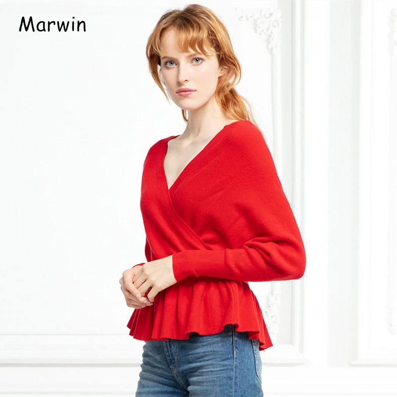 

Marwin 2019 New-Coming Autumn Winter Solid High Street Style V-Neck Ruched Criss-Cross Women Pullovers Female Sweaters