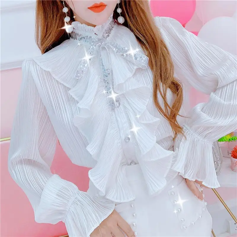 Korean Ruffle Chiffon Gothic Shirt Elegant Sweet Chic Long Puff Sleeve Women Blouse White Tops Stand Collar Clothes Blusas New