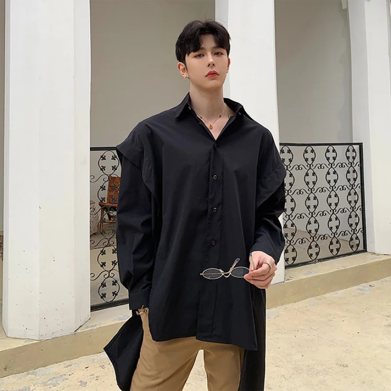 

Men's Long Sleeve Shirt Spring And Autumn New Personality Shoulder Irregular Hem Fashion Casual Dark Loose Large Size Shirt