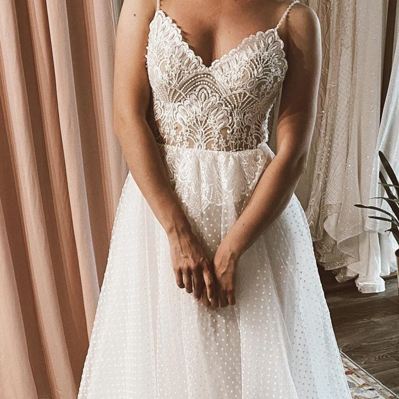 Boho Wedding Dress Sweetheart Spaghetti Strap 2021 Sleeveless Bohemain Lace Appliques Rustic Bridal Gown Civil For Women Beach