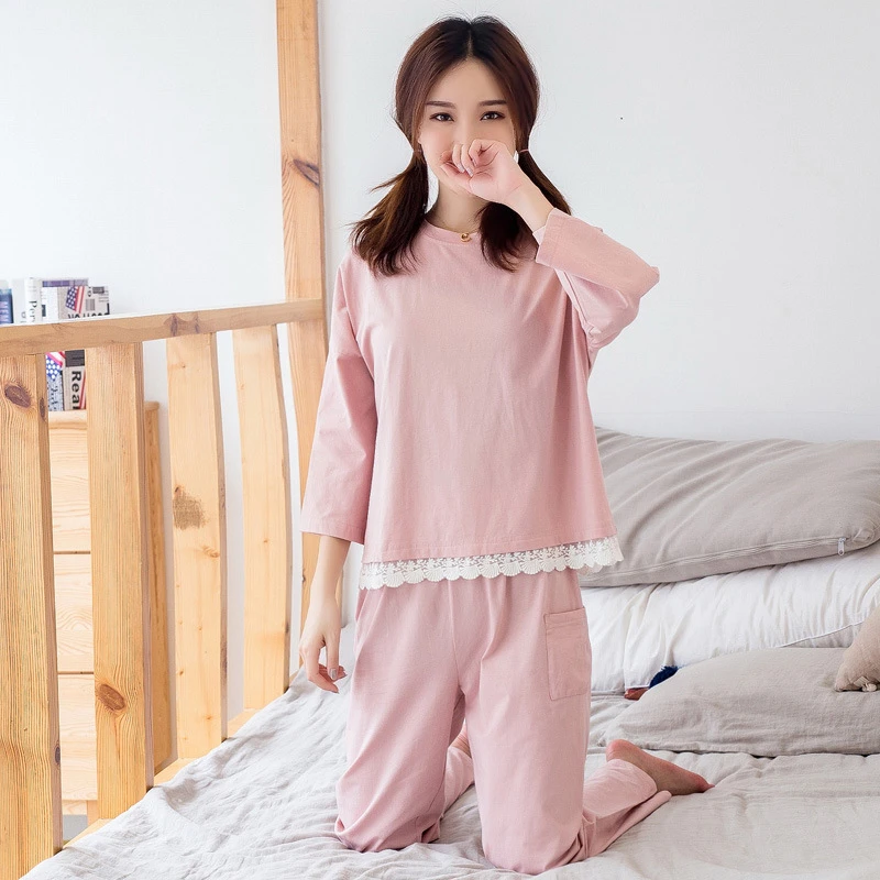 Pajamas Women's Long-sleeve Autumn Cotton Korean Version Of The Loose Home Wear Casual Two-piece Suit Sexy Sleepwear