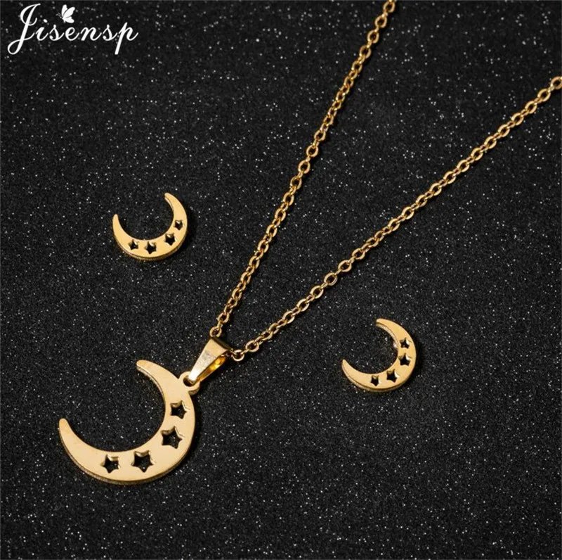 Simple Stainless Steel Jewelry Sets Fashion Hollow Star Moon Pendant Necklace for Women Bijoux Statement Necklaces Collier 2021